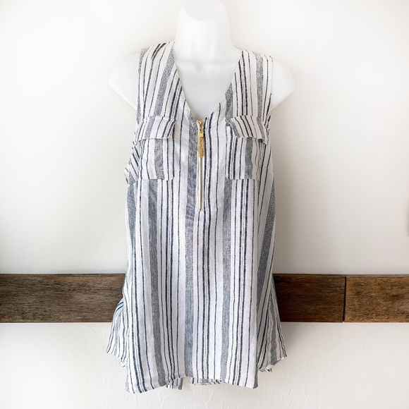 Ellen Tracy Tops - Ellen Tracy Linen Blend Top Sleeveless Stripes Gold Tassel L‎ Blue White